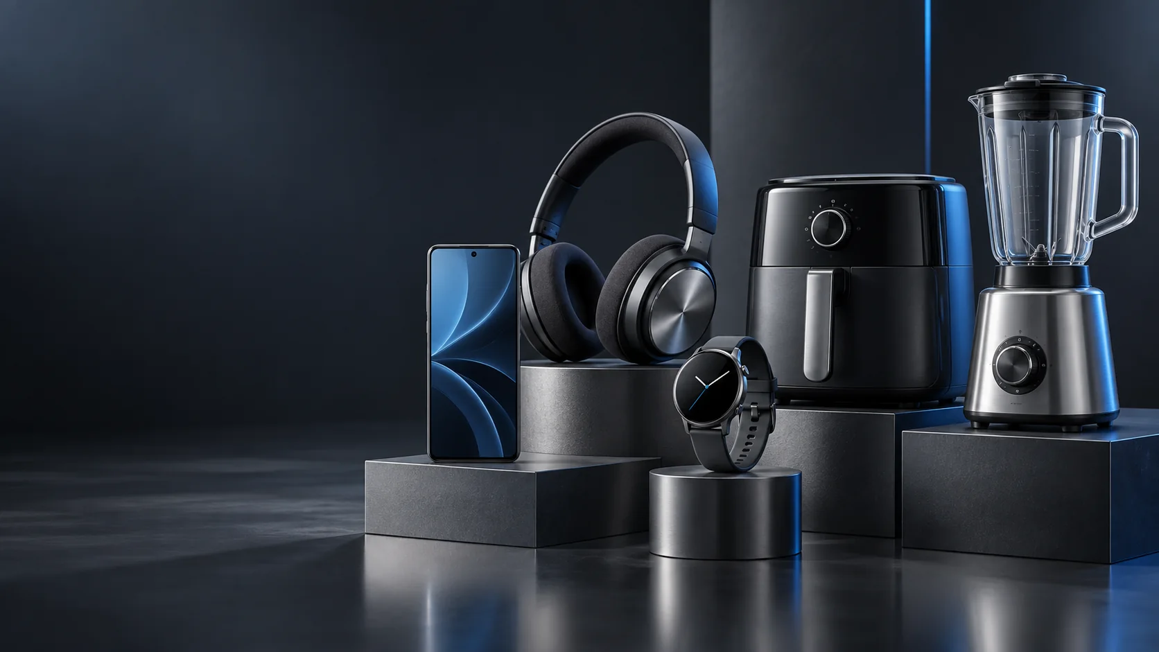 Electronics and home appliances arranged on graphite studio plinths