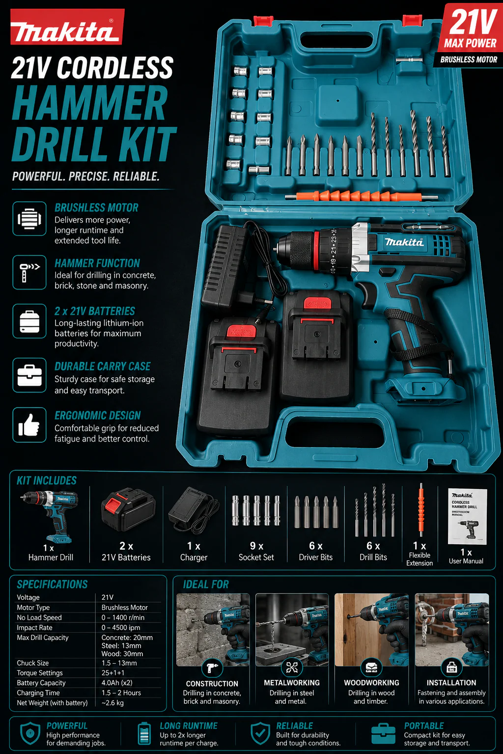 Makita-Style 30 Pcs Cordless Drill Machine Kit – Dual Battery Set