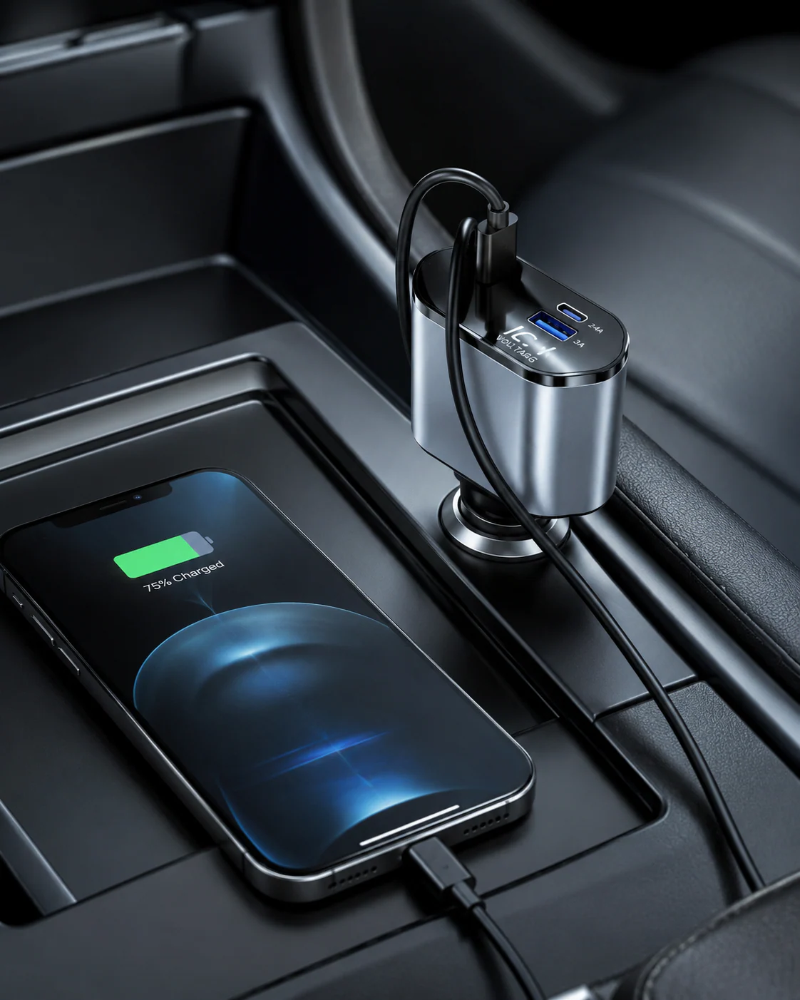 4-in-1 Retractable Fast Car Charger with Type-C & Lightning Cables