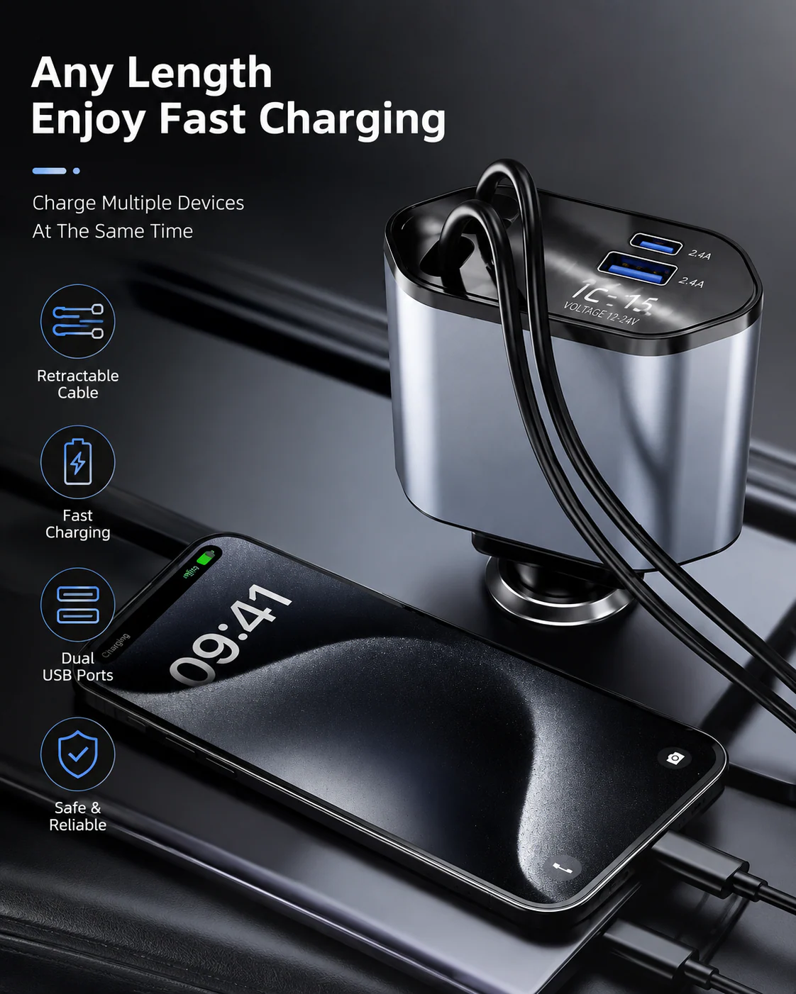 4-in-1 Retractable Fast Car Charger with Type-C & Lightning Cables