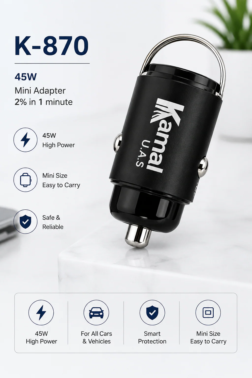 Kamal K-870 45W Mini Fast Car Charger