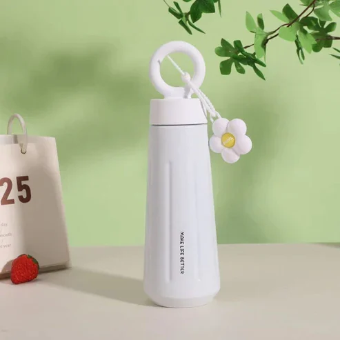 Insulated Water Bottle 450ml with Flower Charm & Carry Ring – Cute Travel Bottle