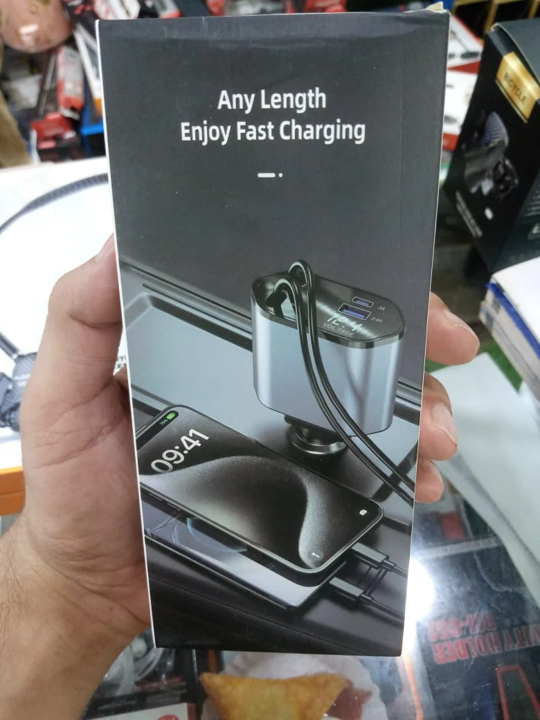 4-in-1 Retractable Fast Car Charger with Type-C & Lightning Cables
