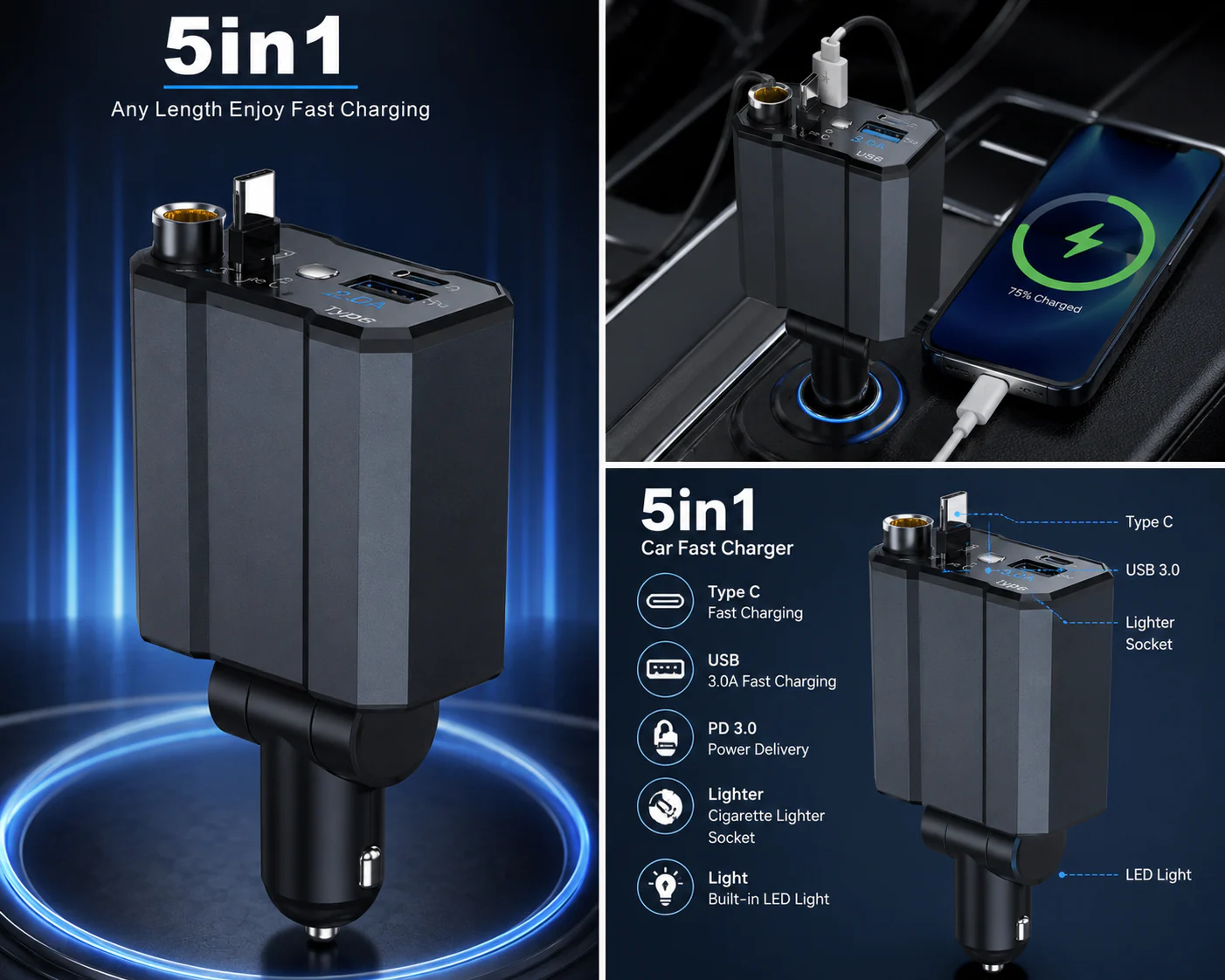 5-in-1 Car Charger with Starry Sky LED Light